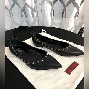 Valentino Noir Women’s Black Leather Gunmetal Rock Stud Pointed Toe Flats